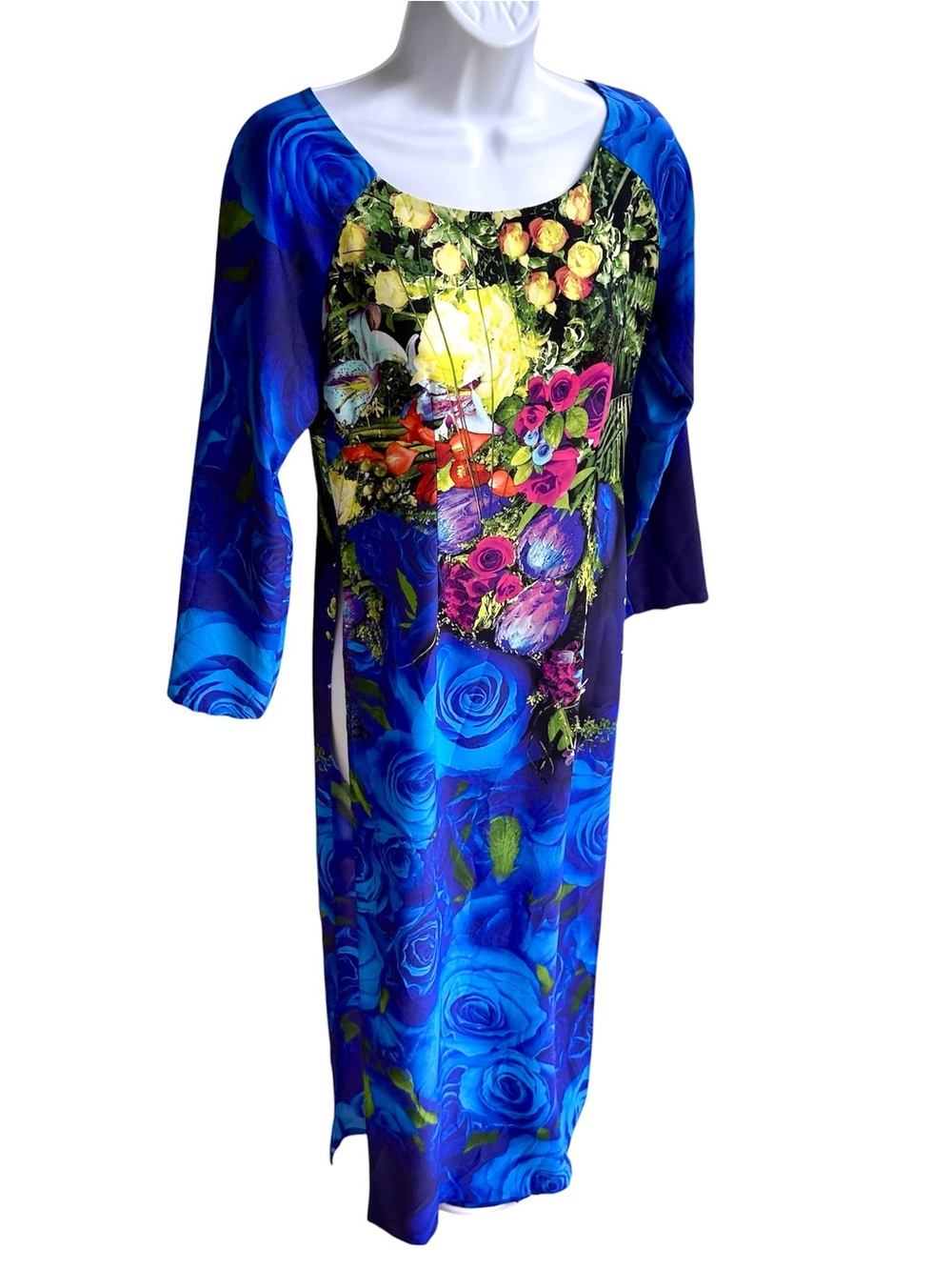 Blue Floral Print Long Sleeve Long Top - Indian Aesthetic